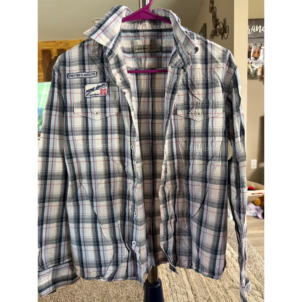 Paper Denim & Cloth Mens XL Plaid Button Down Shirt Blue White Red Patches